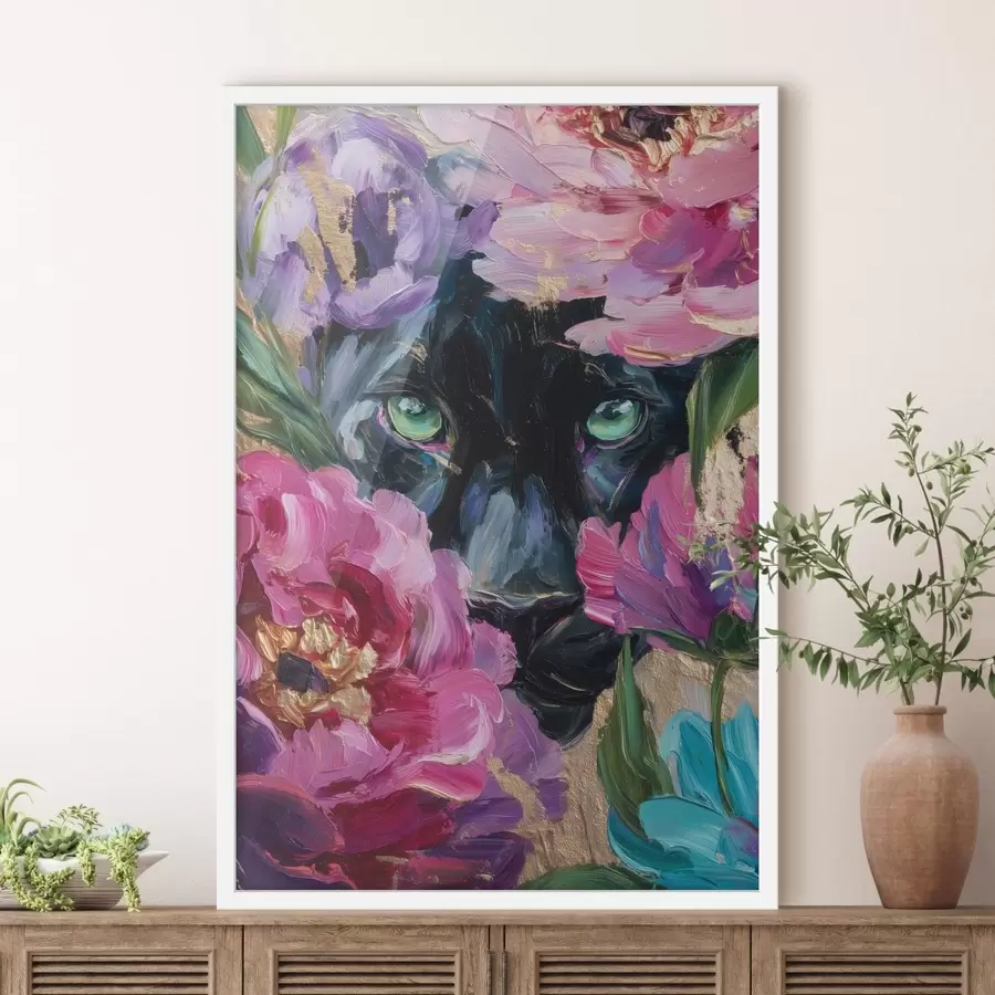 fotószőnyeg egy fekete párduc kandikál ki a pünkösdi rózsák közül f47936