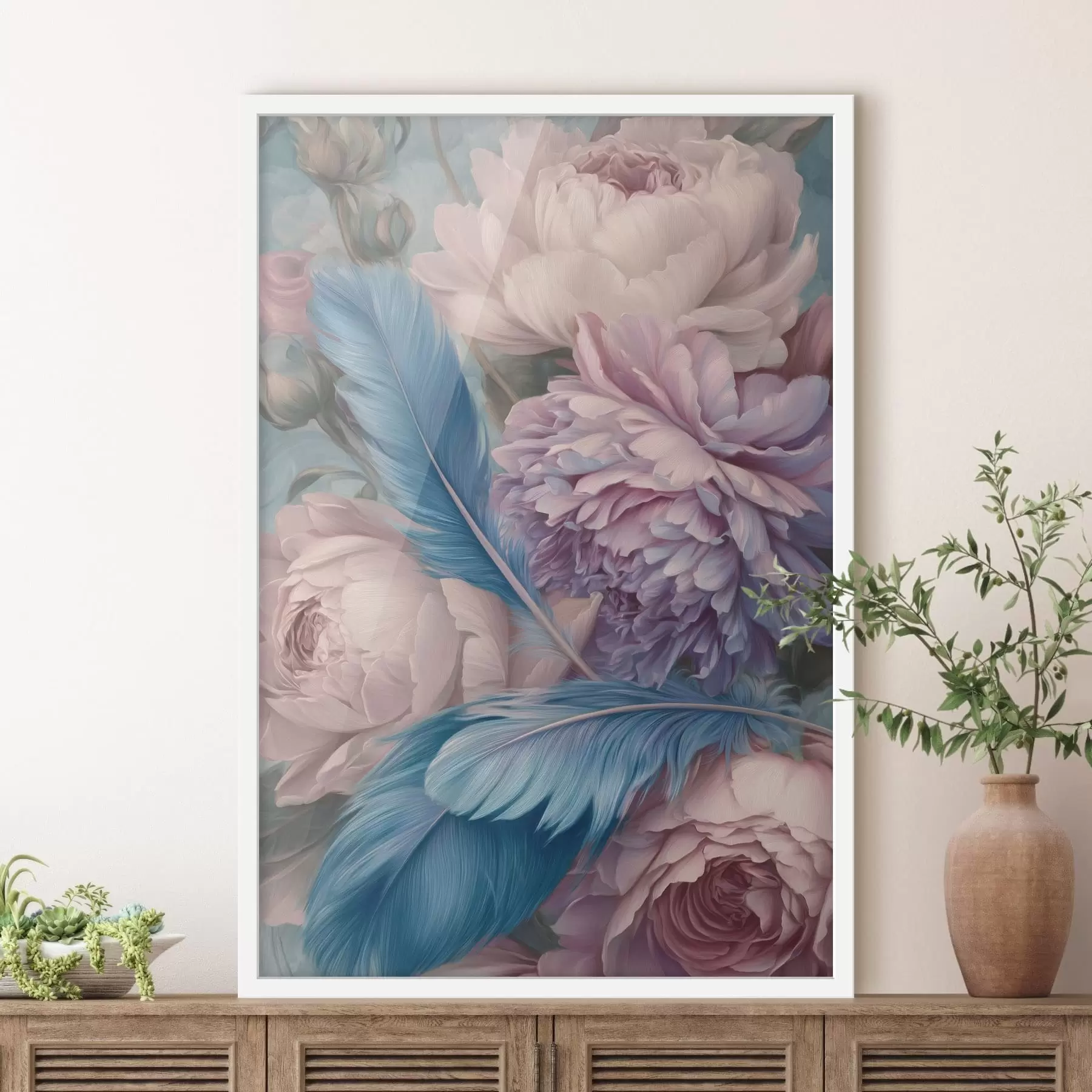 fotószőnyeg tollak a pünkösdi rózsák között f47939