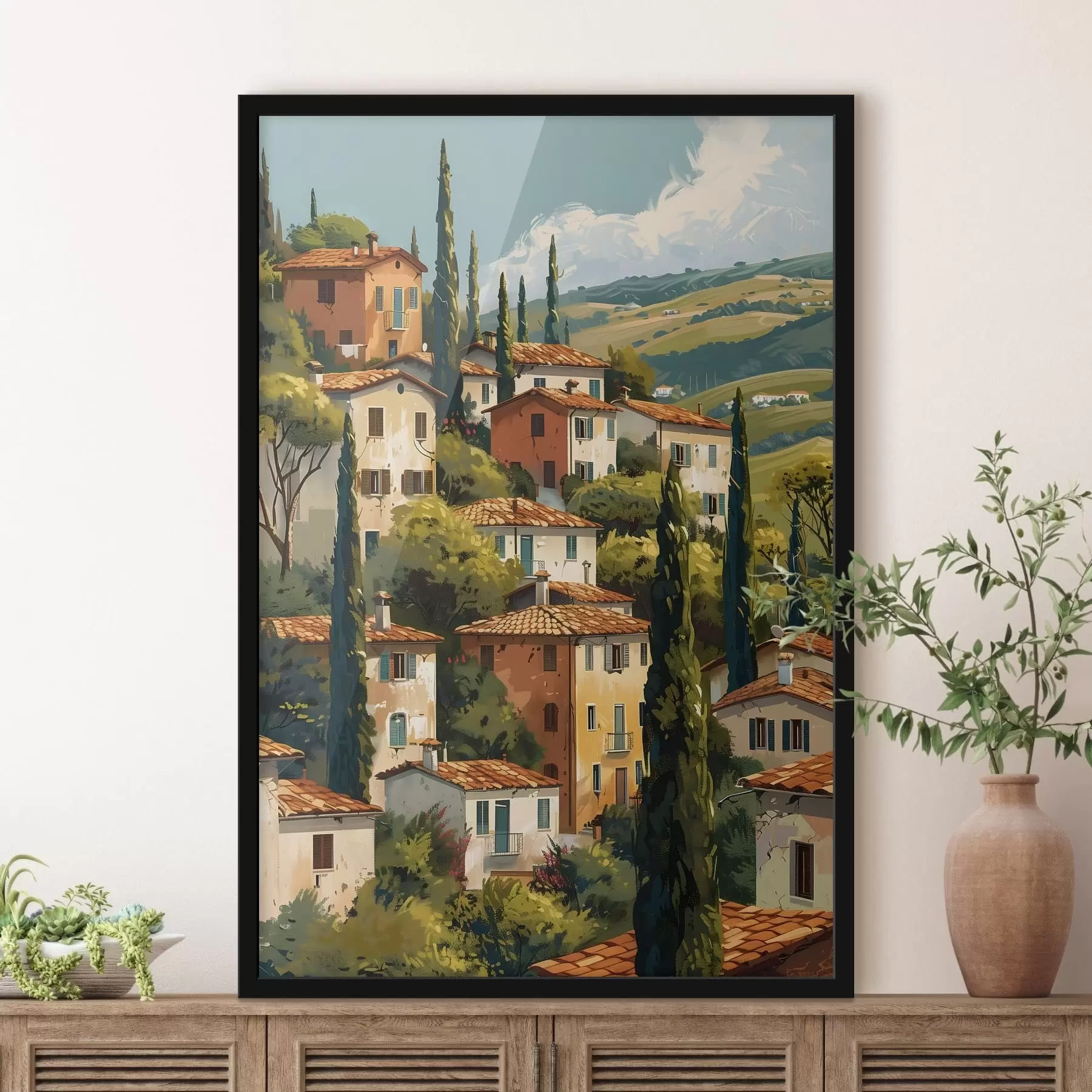 fotószőnyeg mediterrán domboldali falu, egymásra épült, meleg tónusú házak terrakotta tetővel f47950