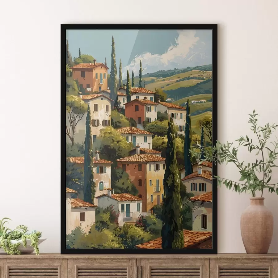 fotószőnyeg mediterrán domboldali falu, egymásra épült, meleg tónusú házak terrakotta tetővel f47950