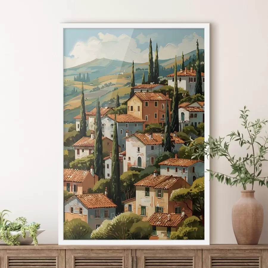 fotószőnyeg mediterrán domboldali falu, egymásra épült, meleg tónusú házak terrakotta tetővel f47951