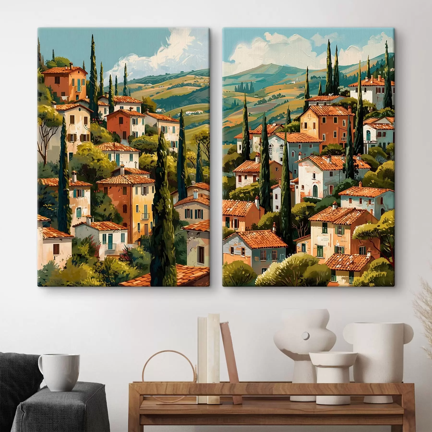 fotótapéta mediterrán domboldali falu, egymásra épült, meleg tónusú házak terrakotta tetővel m30097