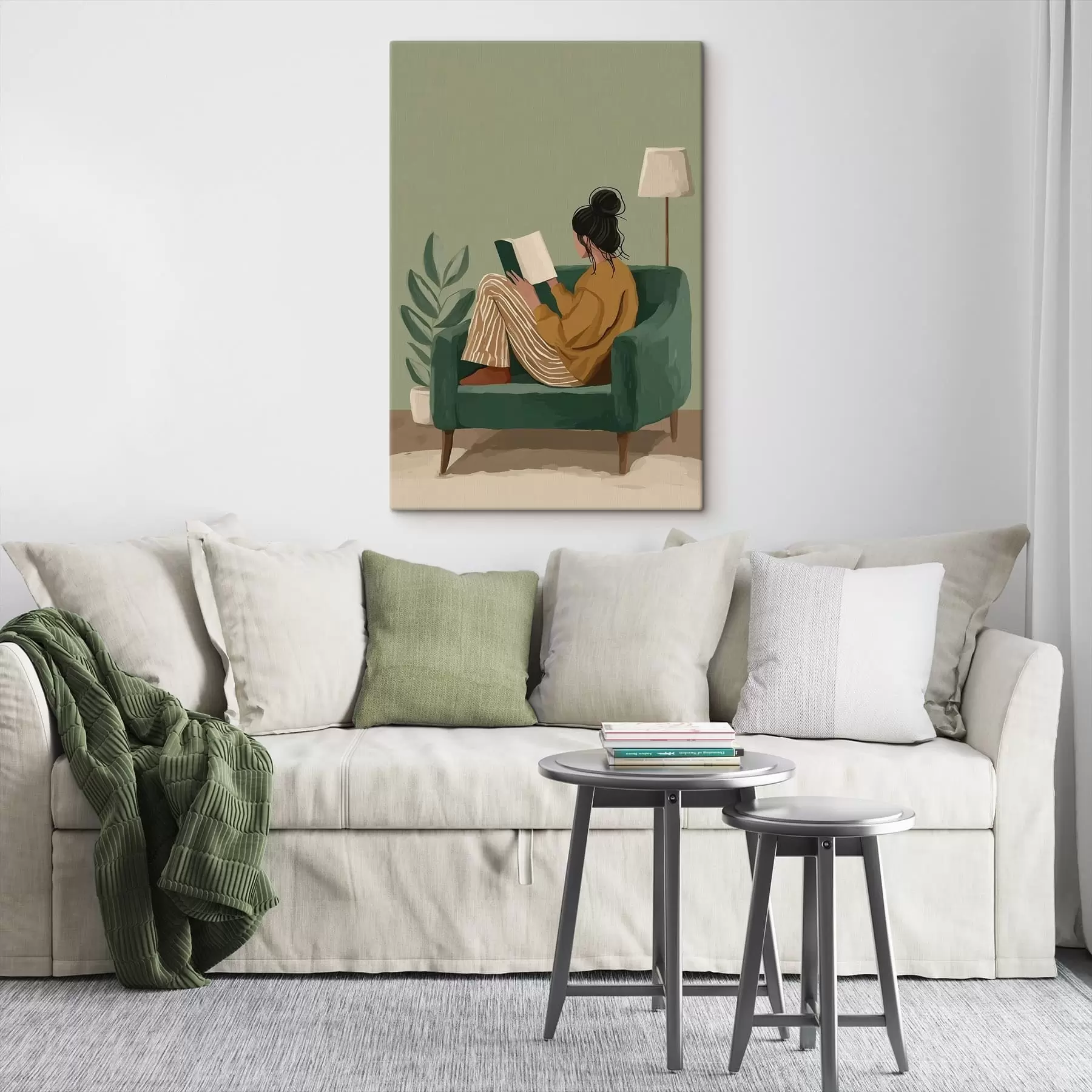 fotótapéta minimalista, hangulatos illusztráció egy karosszékben ülő, olvasó nőről s48118