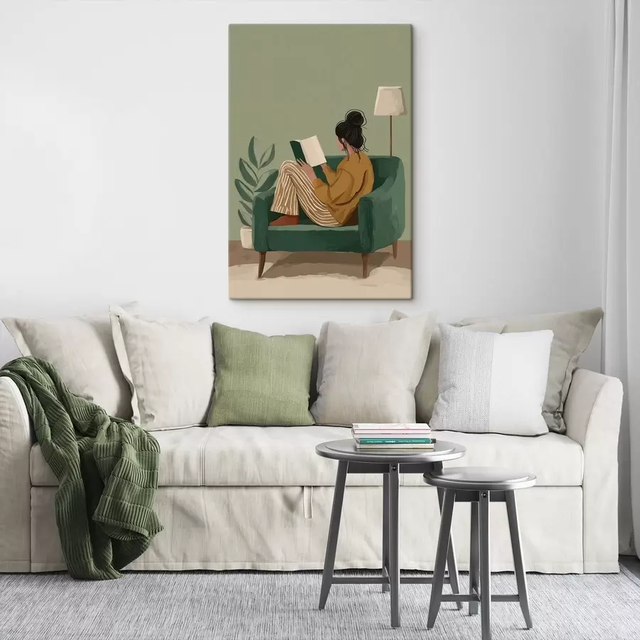 fotótapéta minimalista, hangulatos illusztráció egy karosszékben ülő, olvasó nőről s48118