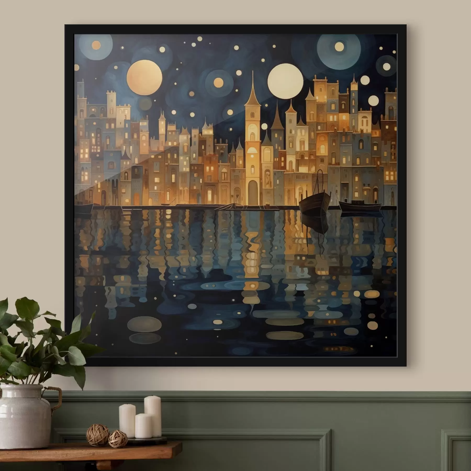 fotószőnyeg szeszélyes éjszakai város a víz mellett f48063