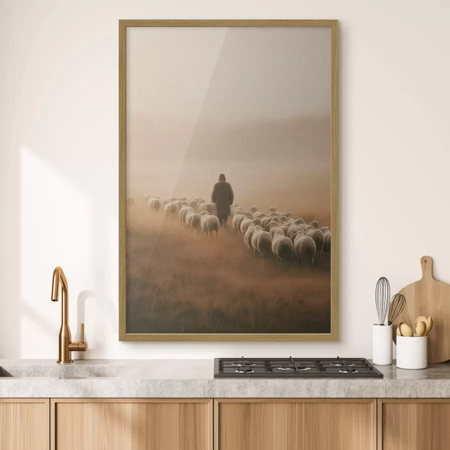 fotószőnyeg pásztor juhokkal sétál a nyílt mezőn f48077