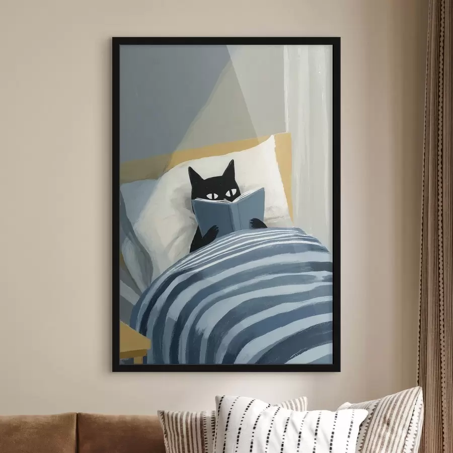 fotószőnyeg minimalista, lapos illusztráció egy fekete macskáról, aki ágyban könyvet olvas f48117
