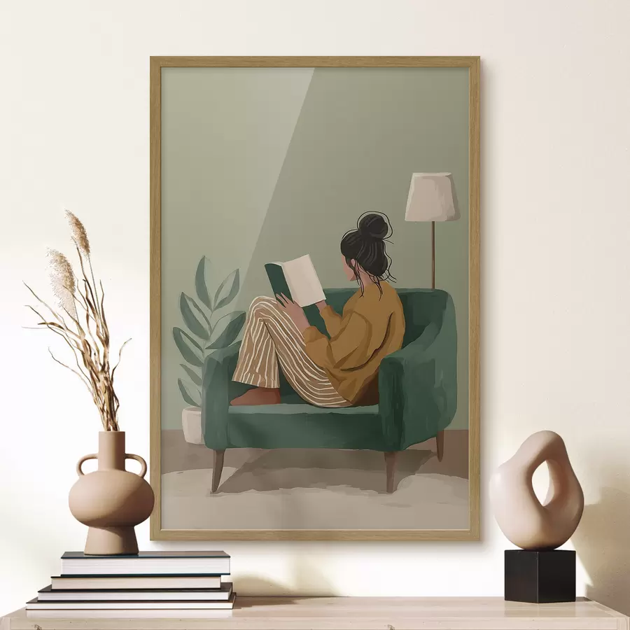 fotószőnyeg minimalista, hangulatos illusztráció egy karosszékben ülő, olvasó nőről f48118