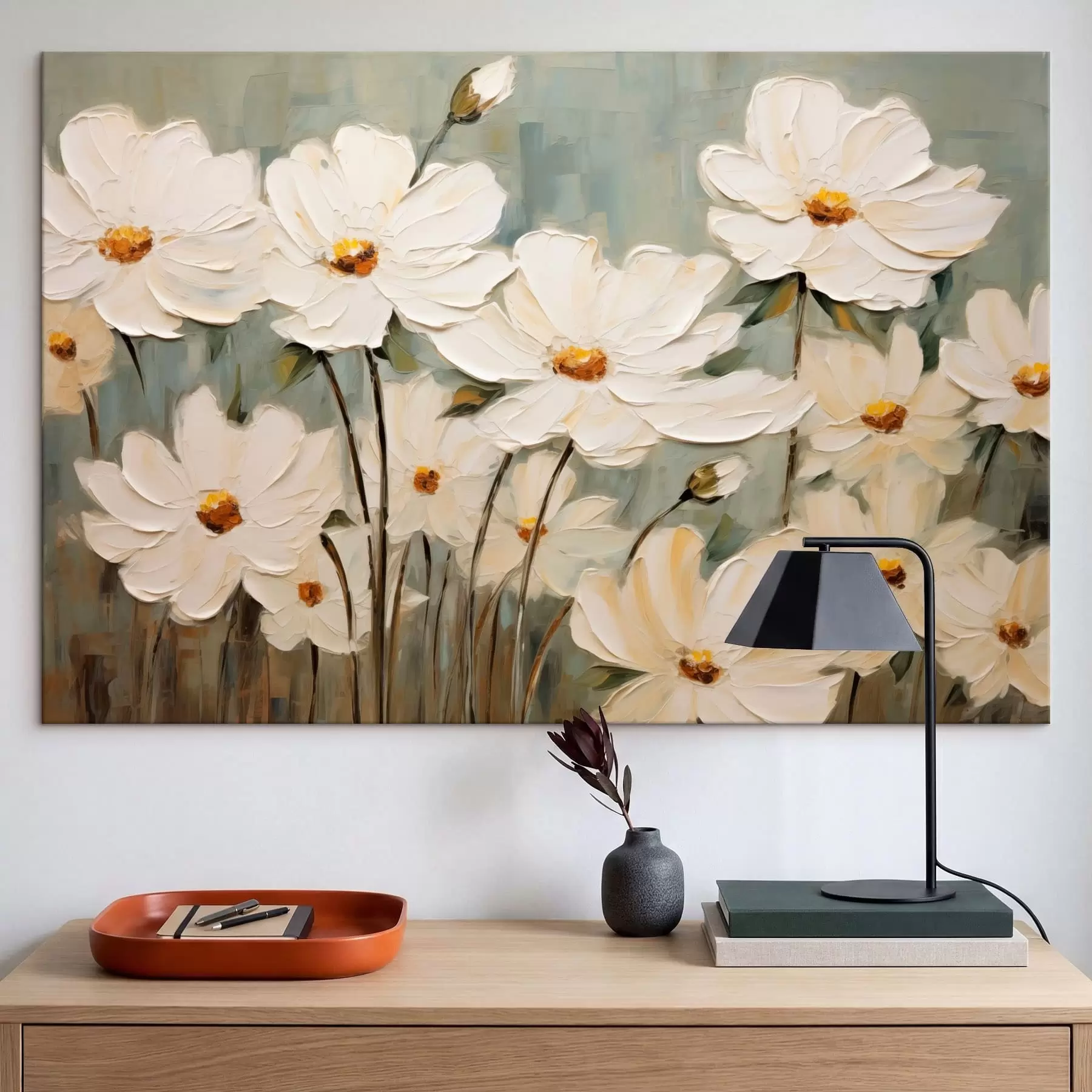 fotótapéta Fehér virágok texturált háttérrel, ecsetvonásokkal s48094