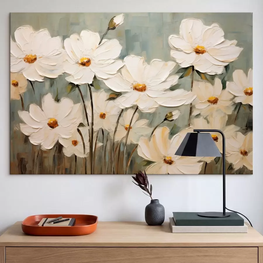 fotótapéta Fehér virágok texturált háttérrel, ecsetvonásokkal s48094