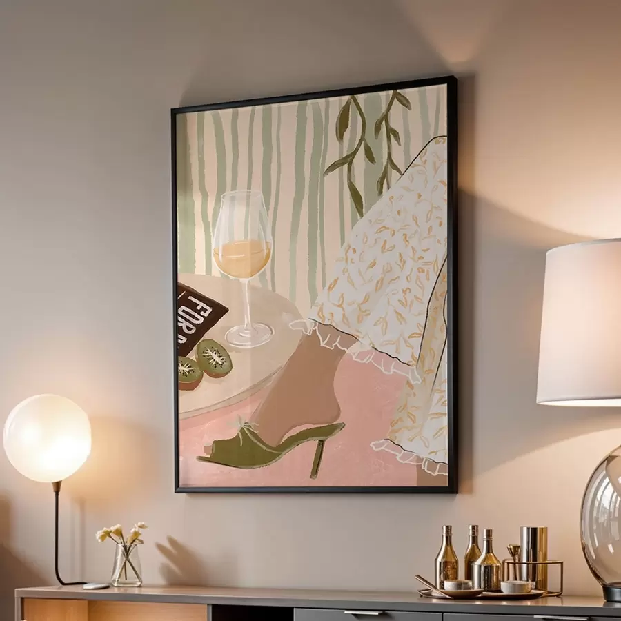 fotószőnyeg Asztal borospohárral és kivi gyümölccsel, ruha mellett f48021