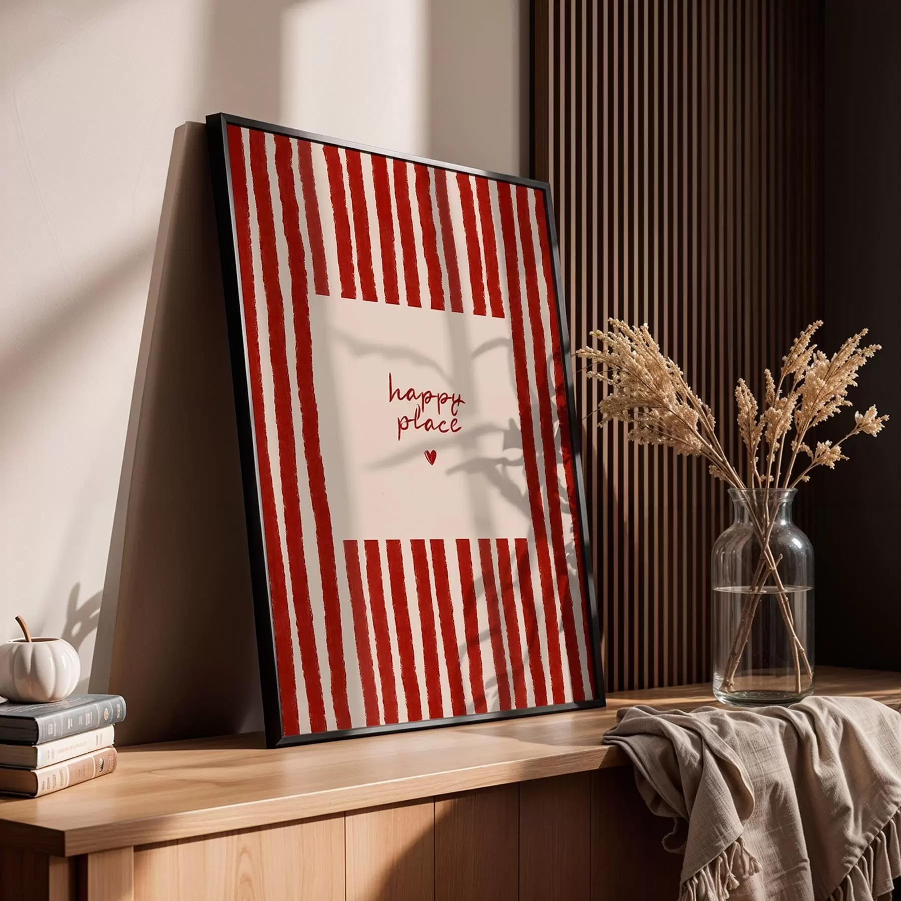 fotószőnyeg Piros csíkok „happy place” felirattal f48025