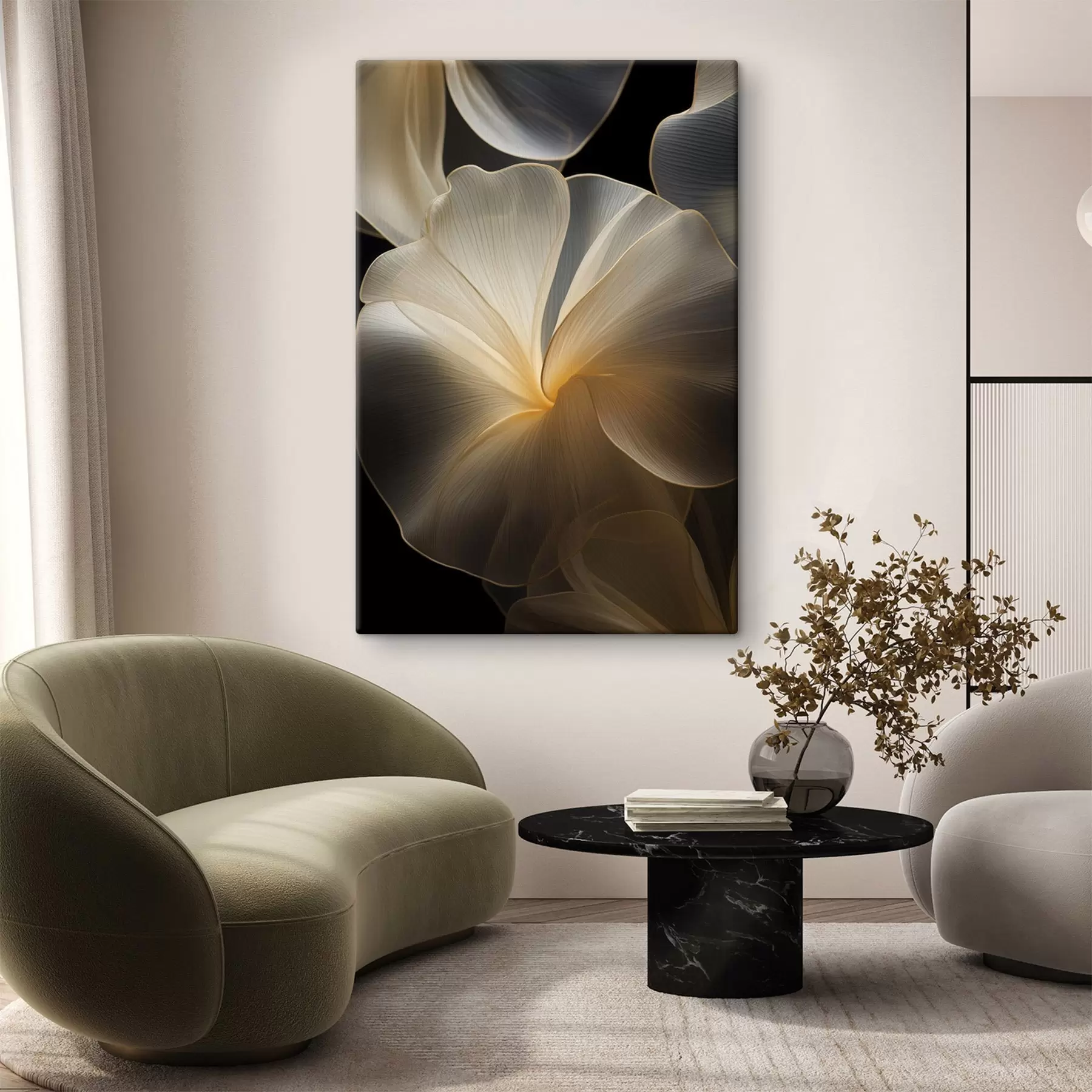 fotótapéta Absztrakt, áttetsző szirmok finom vonalakkal, sötét háttér előtt s47860