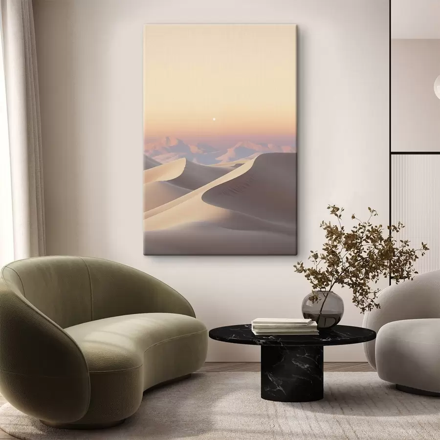 fotótapéta Sivatagi táj hullámzó homokdűnékkel, lágy pasztell színű égbolton, távoli hegyekkel a háttérben s47865