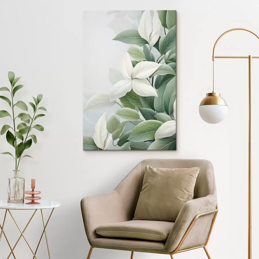 fotótapéta Fehér virágok zöld levelekkel, pasztell háttérrel s47870