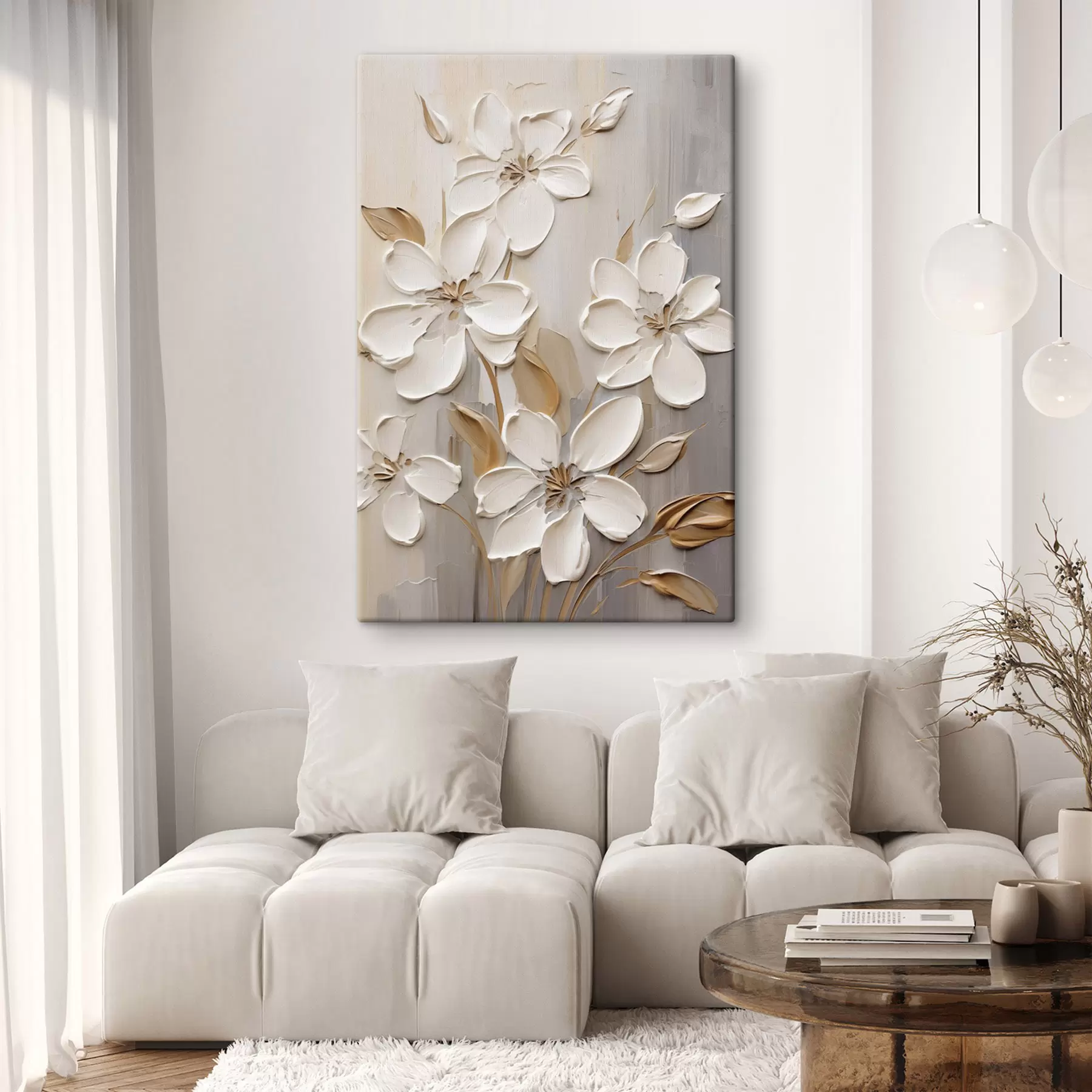 fotótapéta Absztrakt fehér virágok texturált szirmokkal, semleges háttér előtt, finom ecsetvonásokkal imitálva. s47874