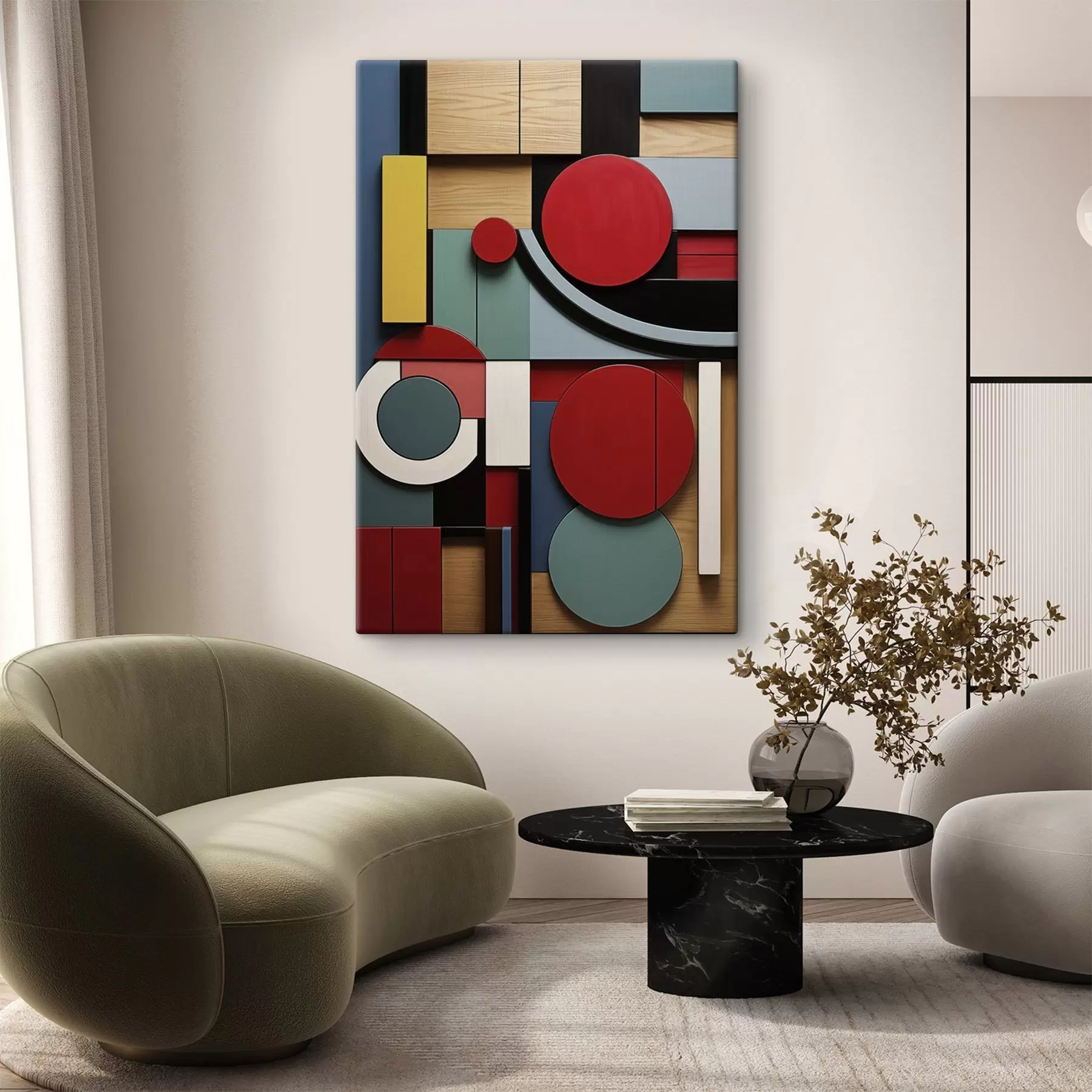 fotótapéta Absztrakt geometrikus kompozíció fa textúra utánzattal, piros, fekete, fehér és türkizkék téglalapokkal és körökkel s47876