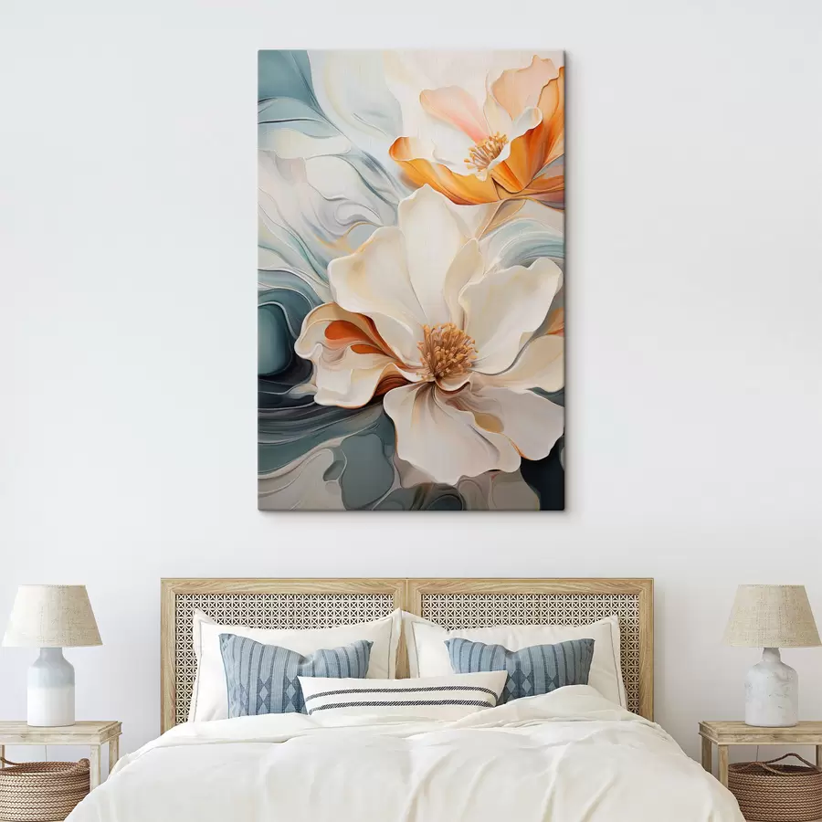 fotótapéta Absztrakt nagy virág fehér, narancssárga és türkizkék szirmokkal, texturált háttérrel s47878