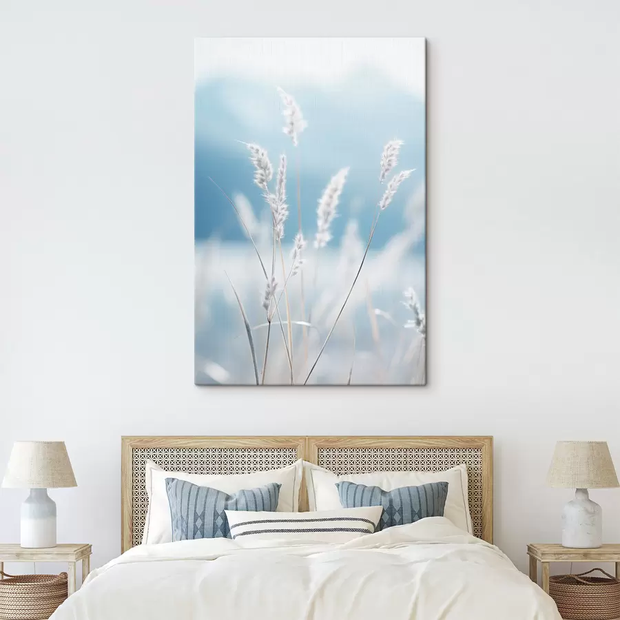 fotótapéta Fehér, bolyhos fű lágy kék égbolton, sekély mélységélességgel s47880