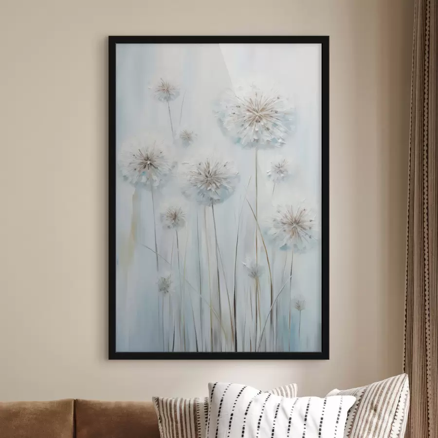 fotószőnyeg Texturált festési stílusú pitypangok lágy kék és fehér háttér előtt f47856