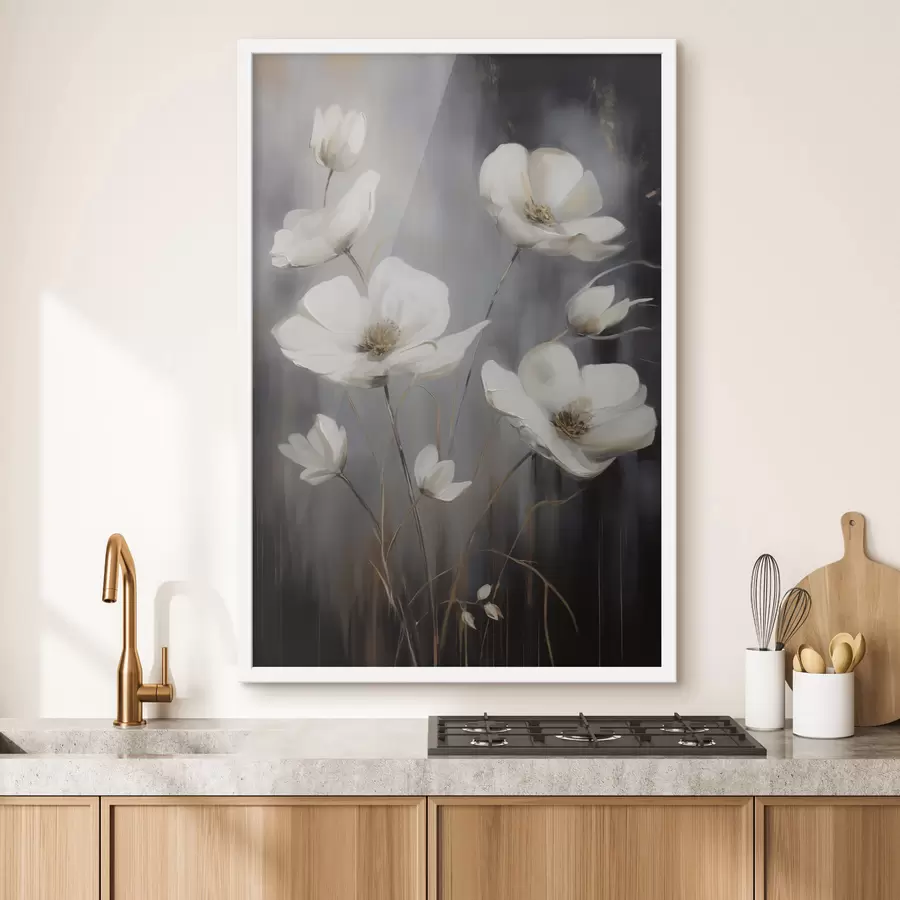 fotószőnyeg Fehér virágok barna közepekkel és vékony szárakkal, sötét, texturált háttér előtt f47858