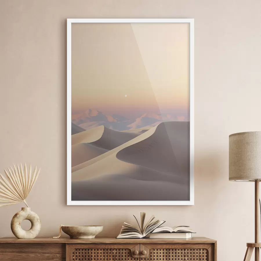 fotószőnyeg Sivatagi táj hullámzó homokdűnékkel, lágy pasztell színű égbolton, távoli hegyekkel a háttérben f47865