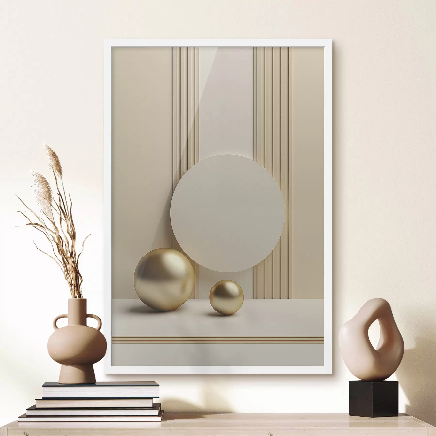 fotószőnyeg Absztrakt bézs modern művészet függőleges vonalakkal és gömbökkel f47872