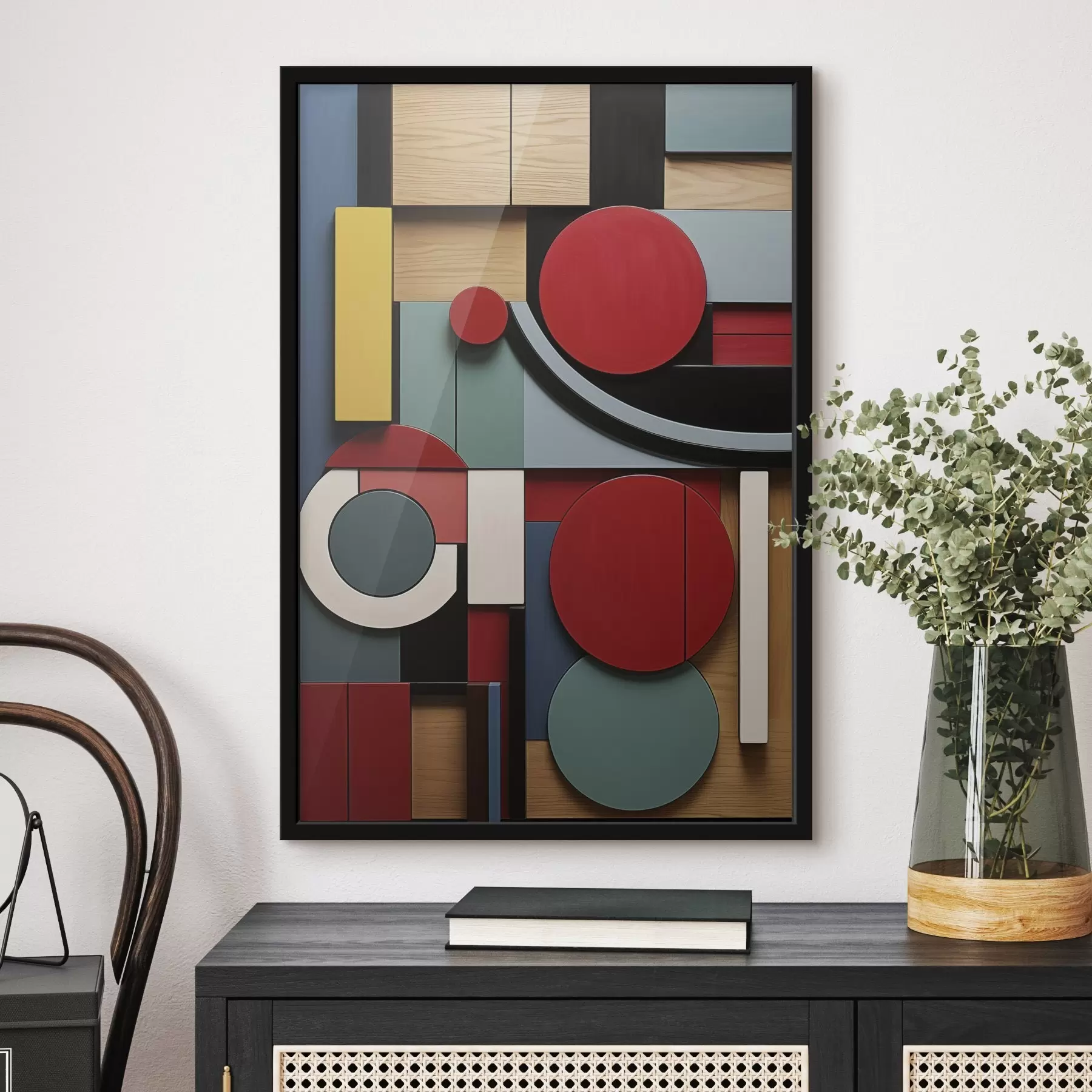 fotószőnyeg Absztrakt geometrikus kompozíció fa textúra utánzattal, piros, fekete, fehér és türkizkék téglalapokkal és körökkel f47876