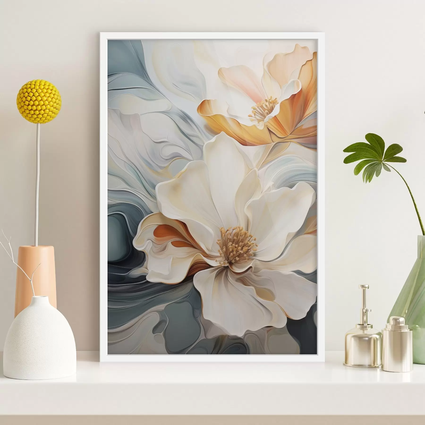 fotószőnyeg Absztrakt nagy virág fehér, narancssárga és türkizkék szirmokkal, texturált háttérrel f47878