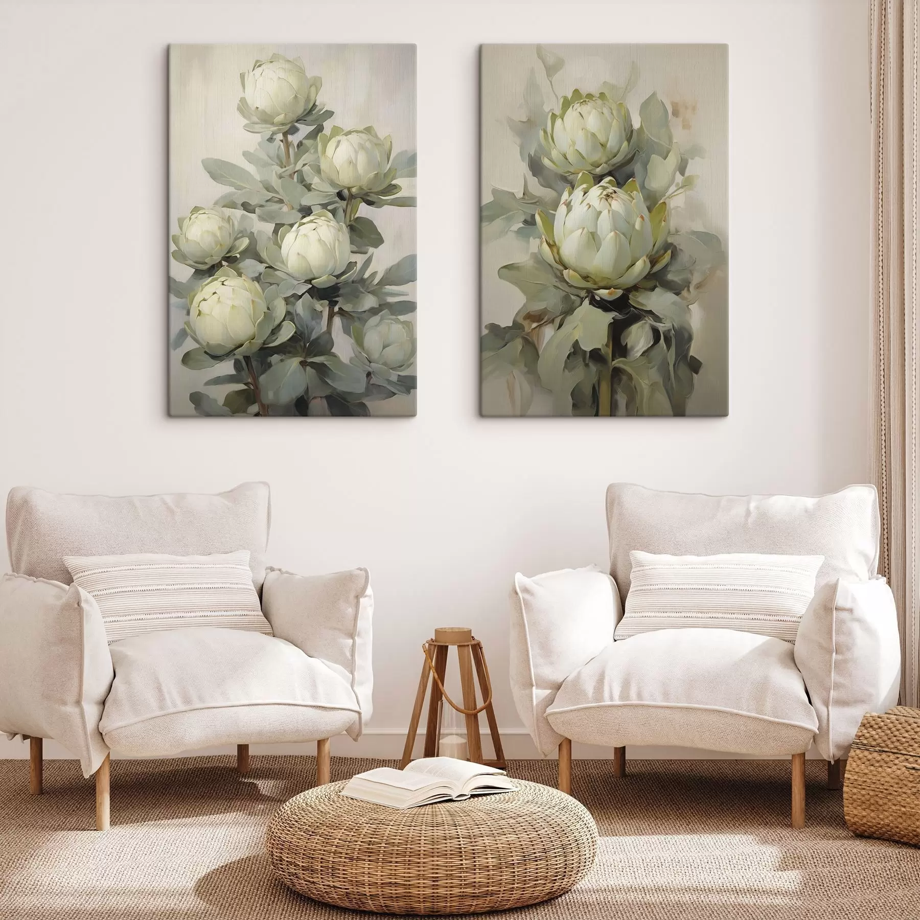 fotótapéta Több fehér protea virág és nagy zöld levelek festészeti stílusa világos háttér előtt m30051