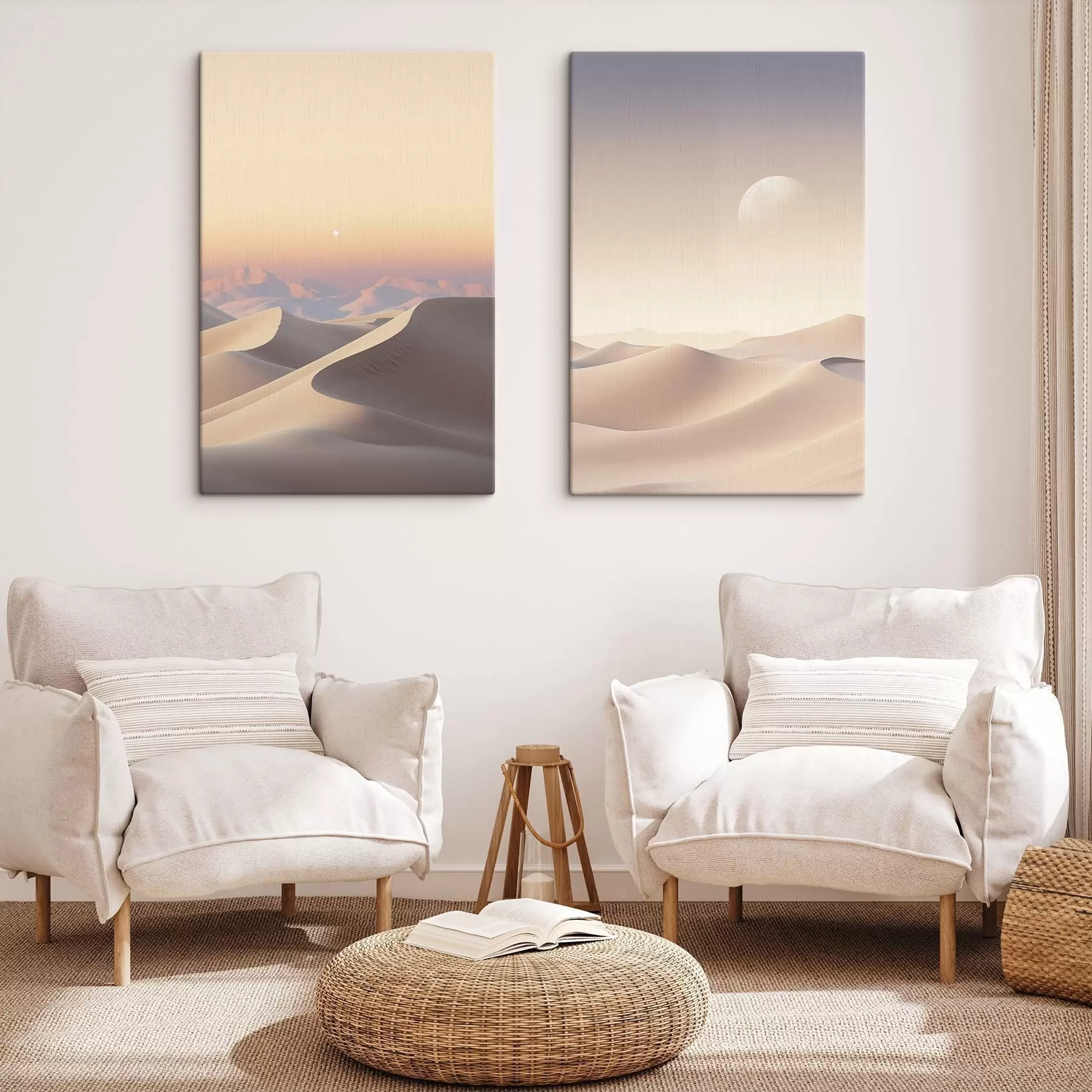 fotótapéta Sivatagi táj hullámzó homokdűnékkel, lágy pasztell színű égbolton, távoli hegyekkel a háttérben m30053