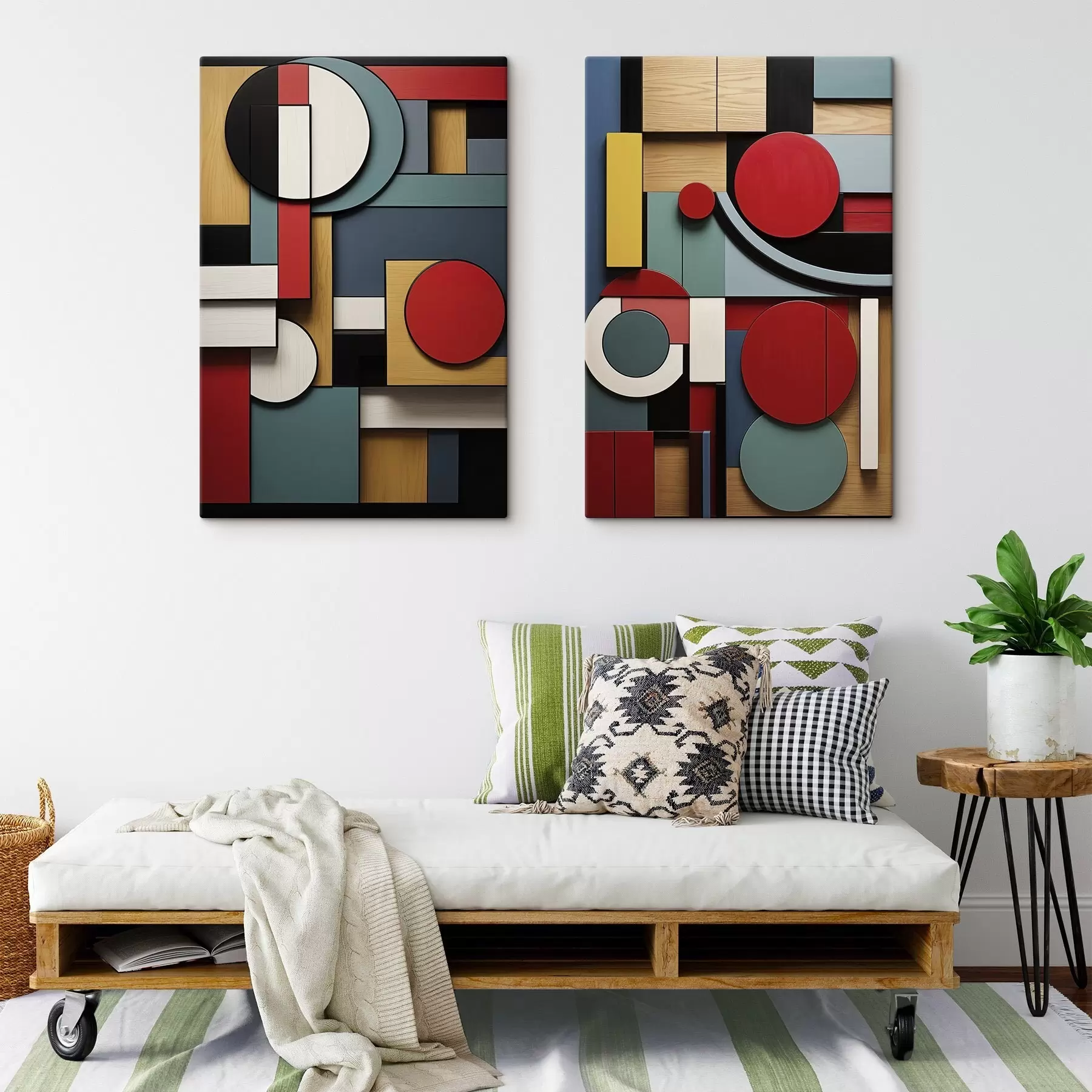 fotótapéta Absztrakt geometrikus kompozíció fa textúra utánzattal, piros, fekete, fehér és türkizkék téglalapokkal és körökkel m30058