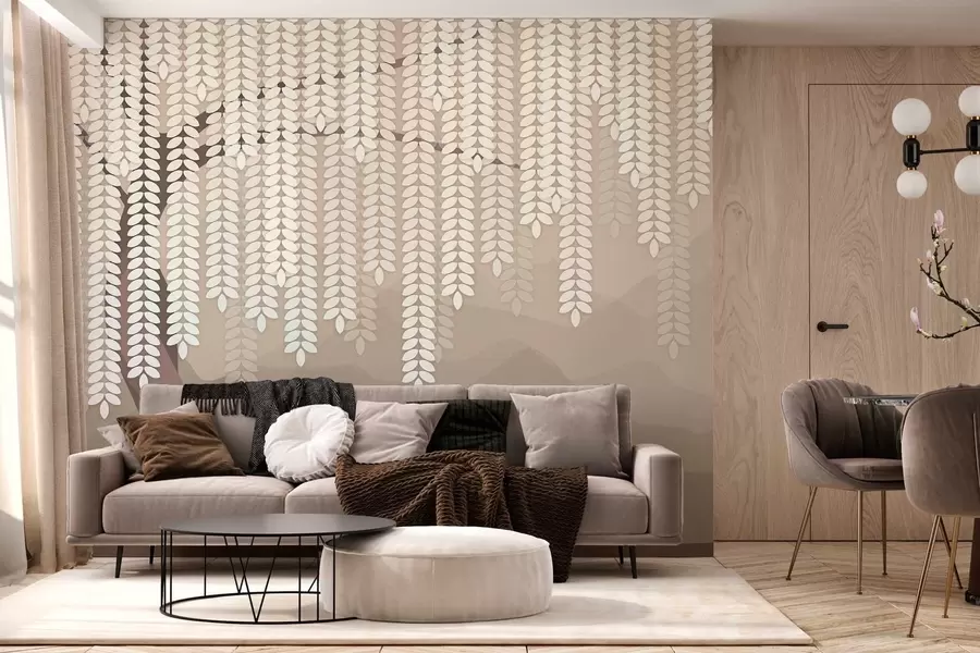 fotószőnyeg stilizált fűzfa lógó levelekkel, minimalista hegyek háttérében, kávé színárnyalatokban w05232v2