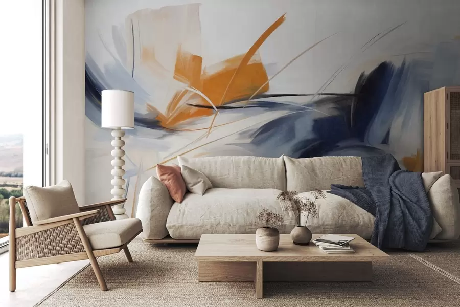 fotószőnyeg Absztrakt festészeti stílus narancssárga és kék texturált ecsetvonásokkal w09755