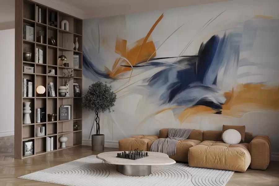 fotószőnyeg Absztrakt festészeti stílus narancssárga és kék texturált ecsetvonásokkal w09755