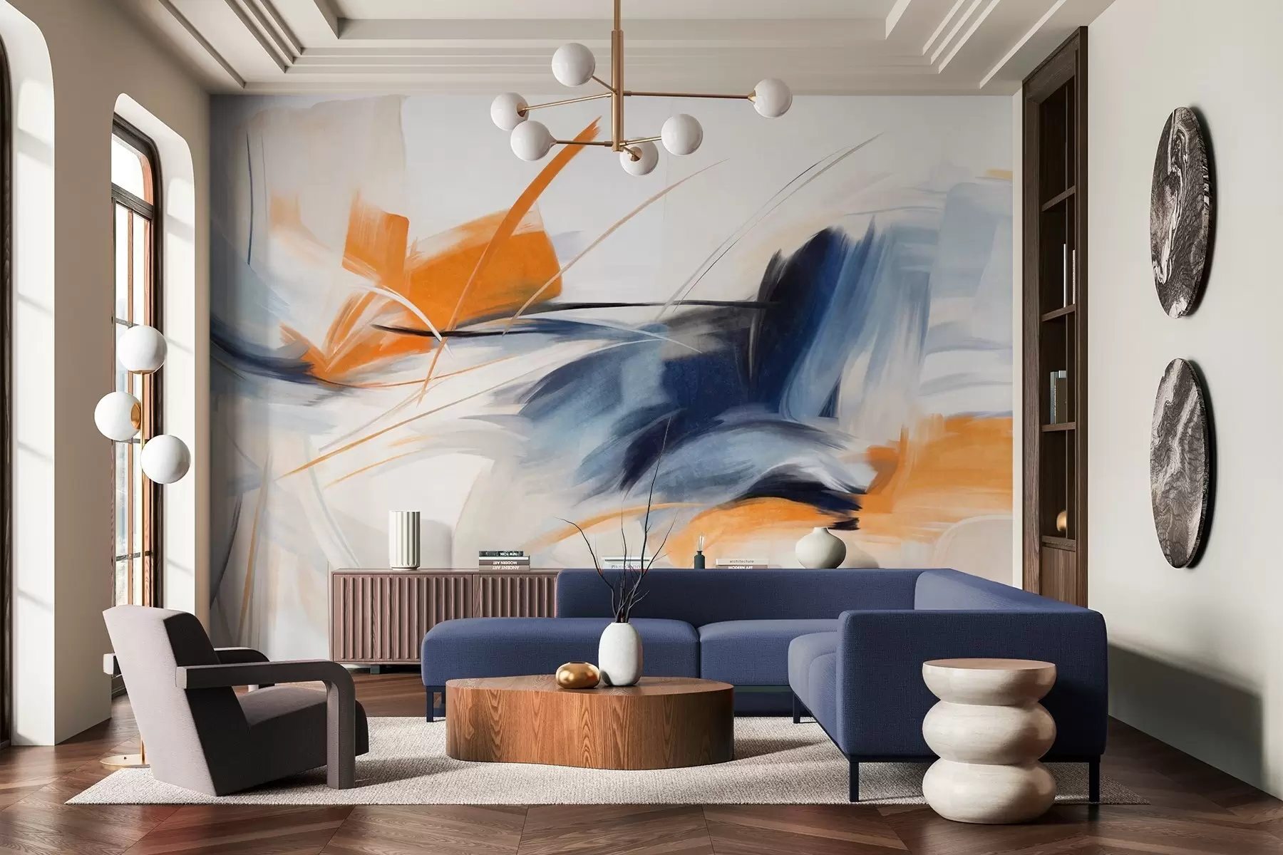 fotószőnyeg Absztrakt festészeti stílus narancssárga és kék texturált ecsetvonásokkal w09755