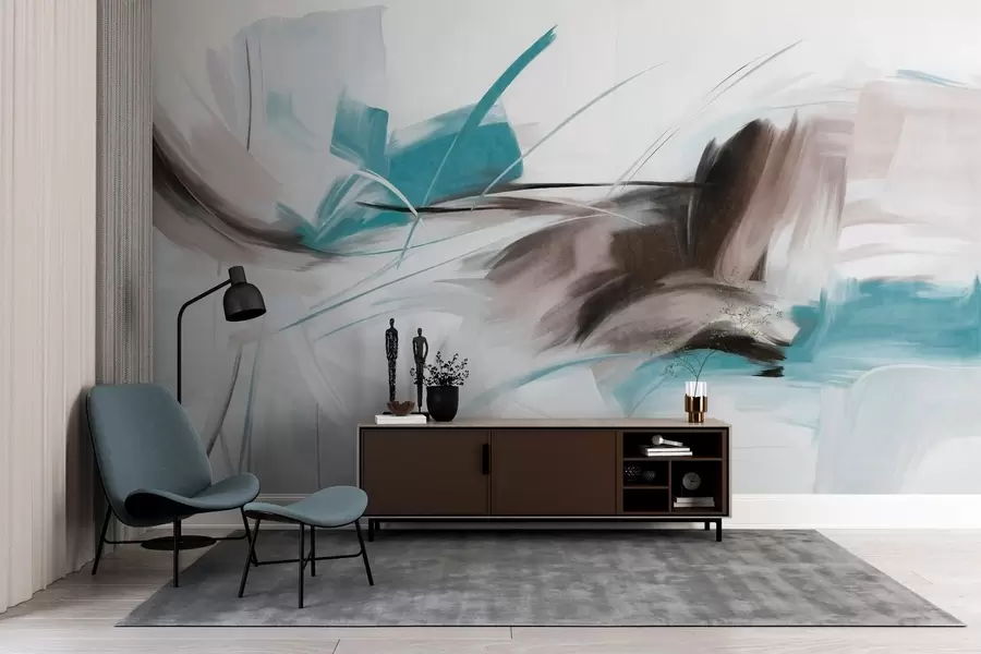 fotószőnyeg Absztrakt festészeti stílus barna és kék texturált ecsetvonásokkal w09755v1