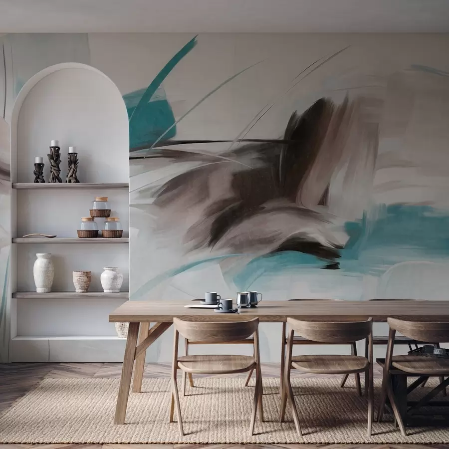 fotószőnyeg Absztrakt festészeti stílus barna és kék texturált ecsetvonásokkal w09755v1