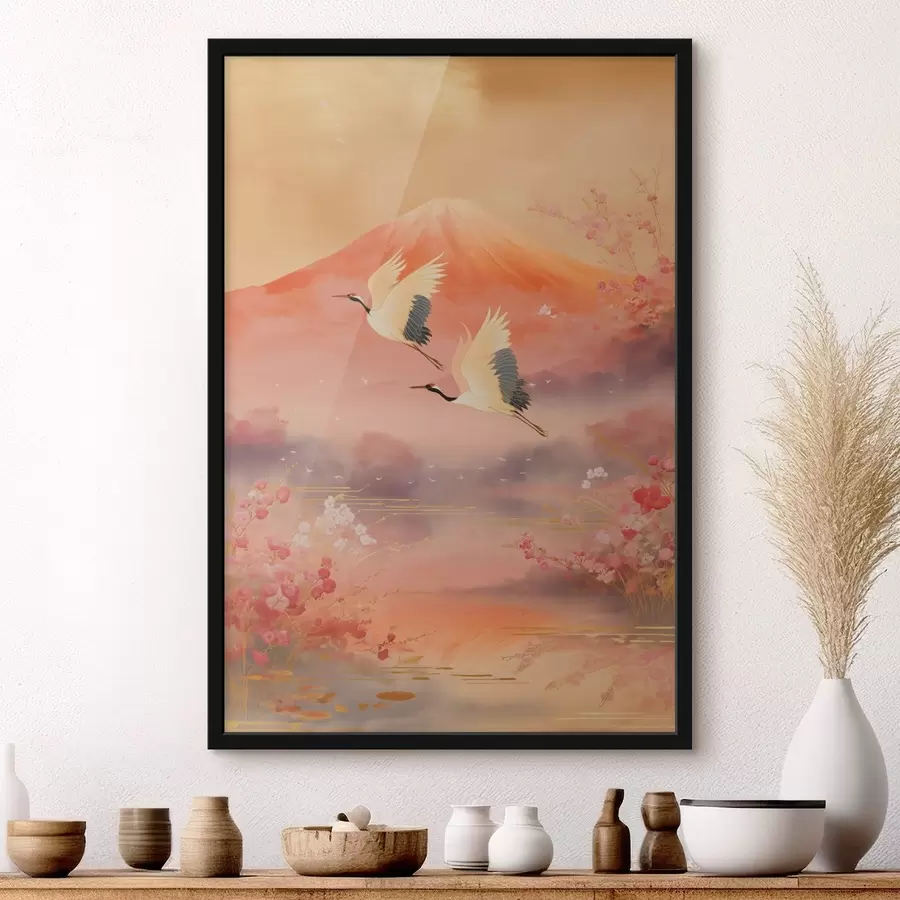 fotószőnyeg Hagyományos keleti motívum cseresznyevirágokkal és darvakkal f47991