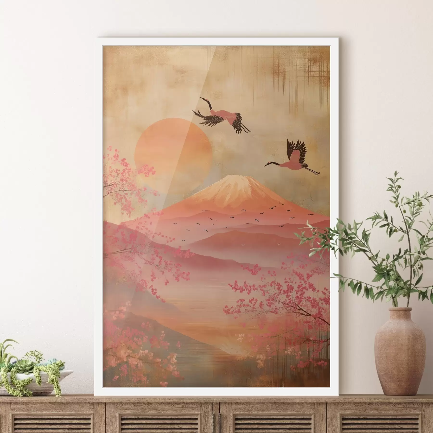 fotószőnyeg Daruk a nap és a hegyek előtt: illusztráció digitális művészeti stílusban f47992