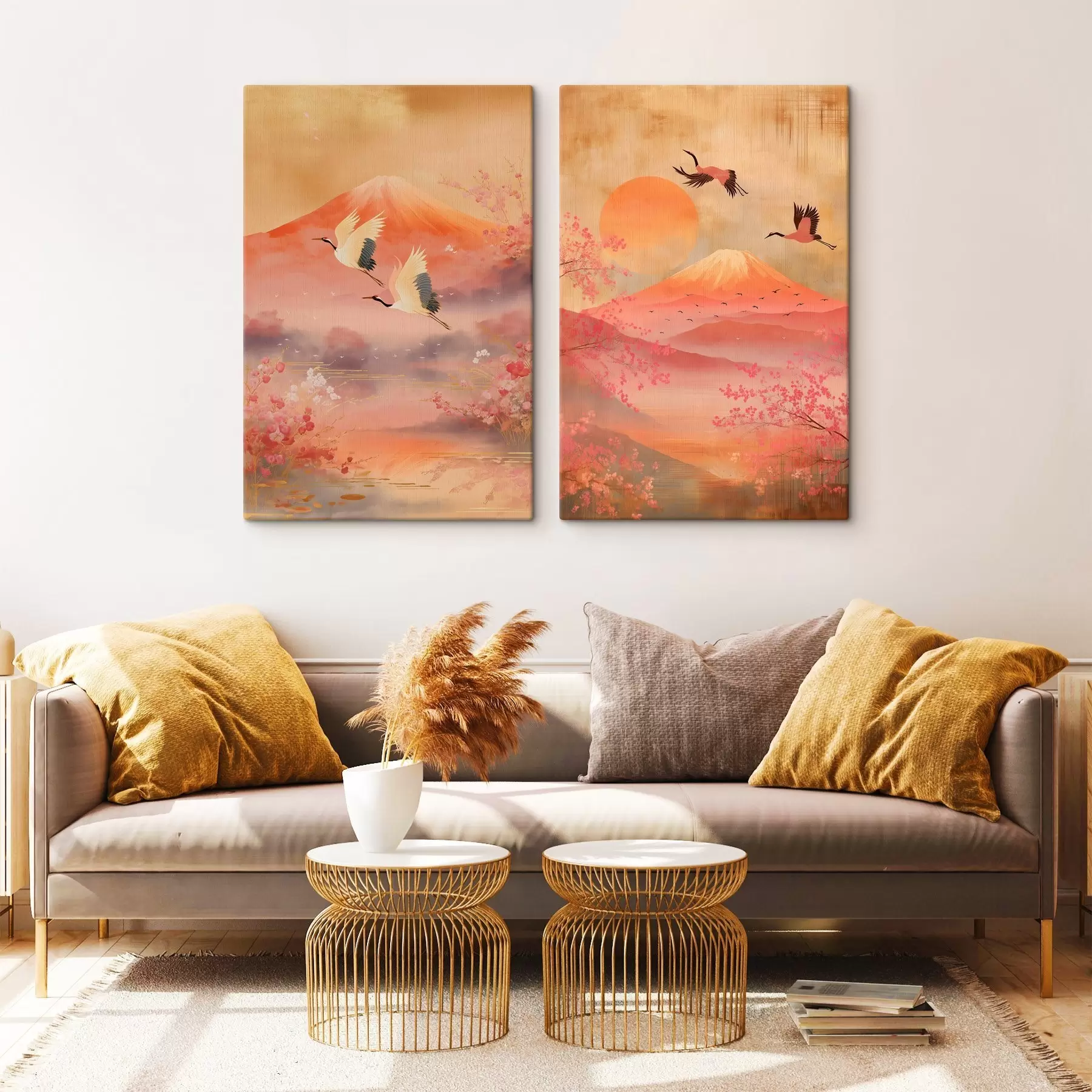 fotótapéta Japán táj darvakkal és a Fuji-heggyel, klasszikus illusztrációs stílusban m30042