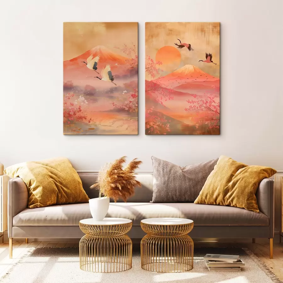 fotószőnyeg Japán táj darvakkal és a Fuji-heggyel, klasszikus illusztrációs stílusban m30042