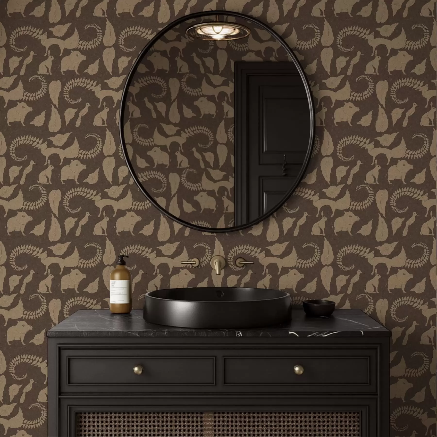 fotószőnyeg Erdei minta állatokkal barna háttérrel a01121