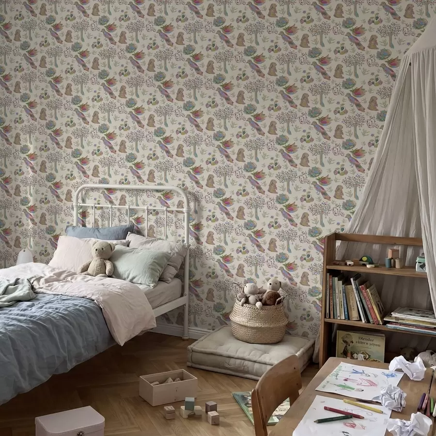 fotószőnyeg Színes gyerekminta madarakkal és nyulakkal a01127