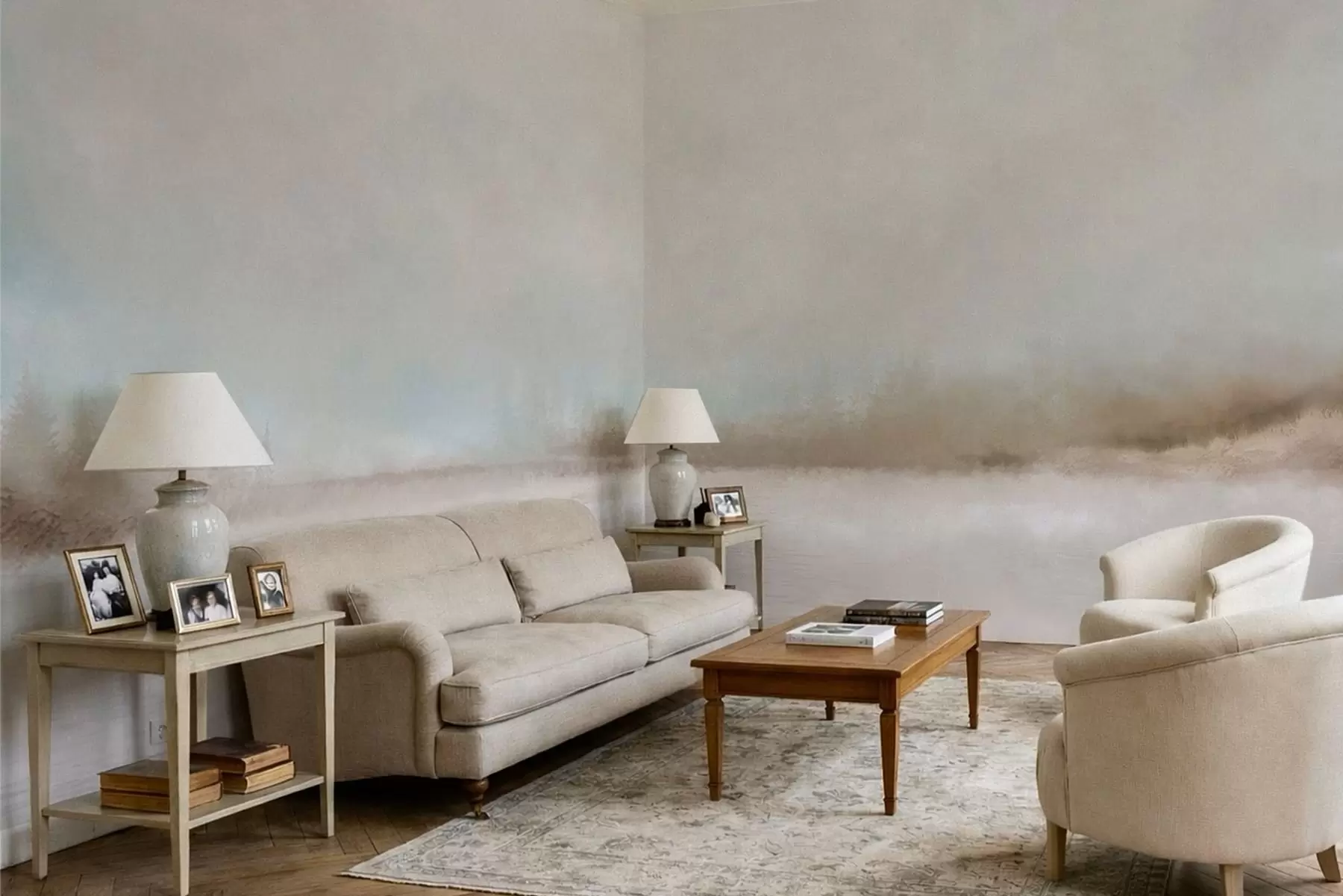 fotószőnyeg Ködös táj tóval és erdővel w05319