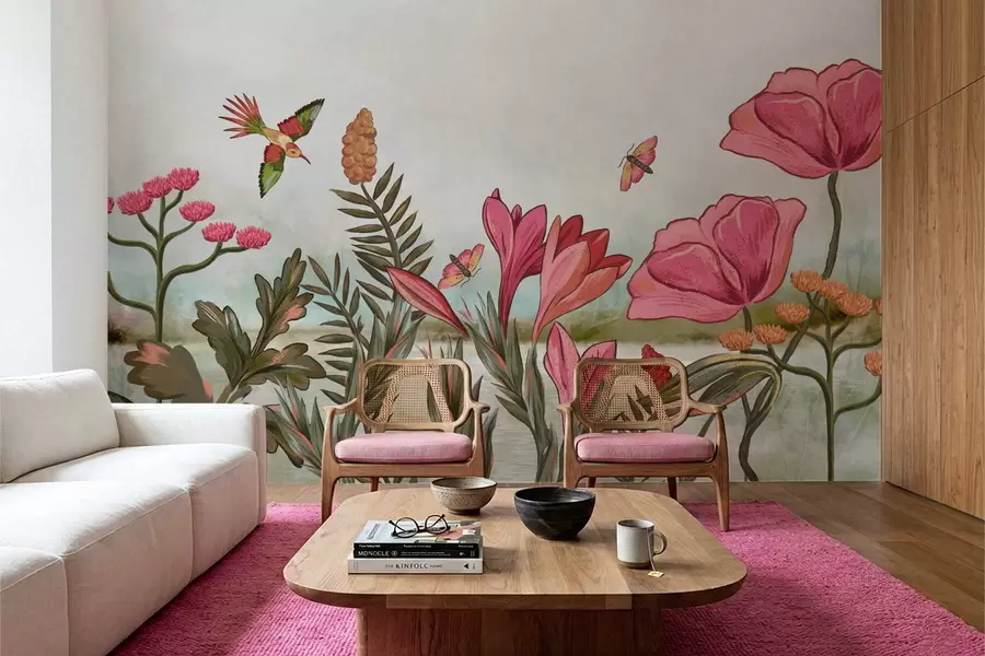 fotószőnyeg Világos virágok madarakkal és lepkékkel w05321