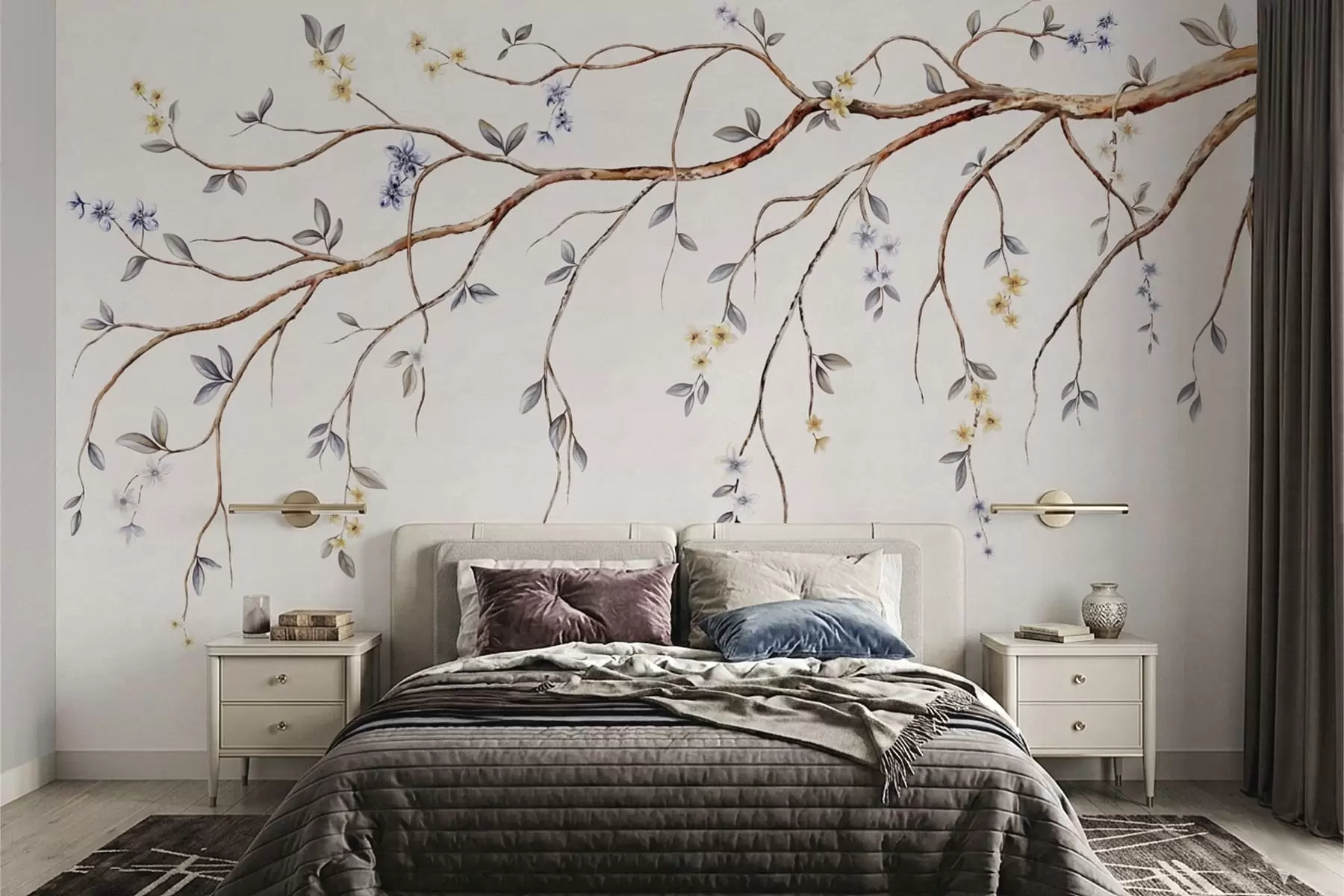 fotószőnyeg Vékony ágak kis virágokkal világos háttér előtt w05145