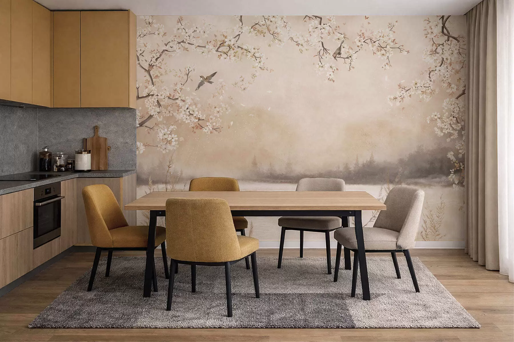 fotószőnyeg Finom virágzó ágak a tó partján, madarakkal a könnyű ködben w05155