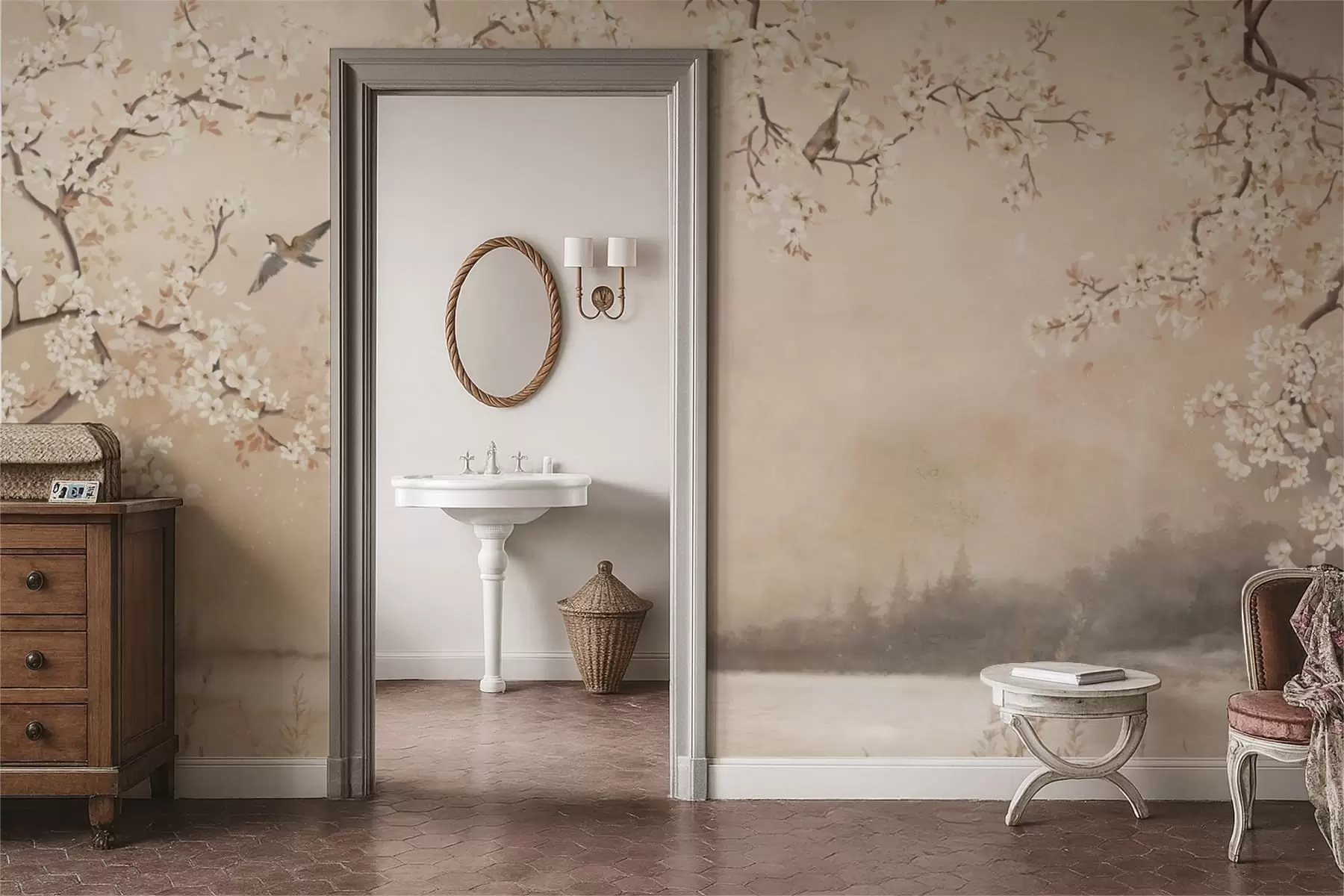 fotószőnyeg Finom virágzó ágak a tó partján, madarakkal a könnyű ködben w05155