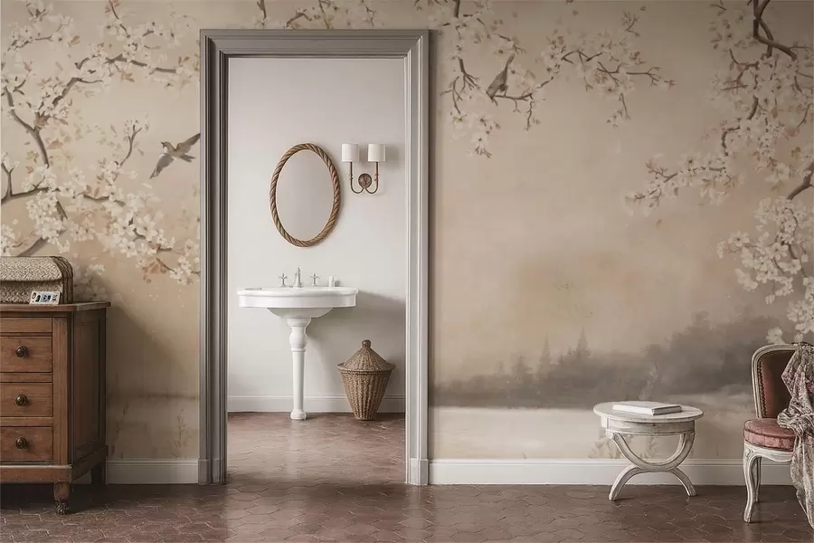 fotószőnyeg Finom virágzó ágak a tó partján, madarakkal a könnyű ködben w05155